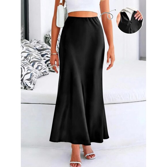 Women Black Maxi Dressy Casual Zipped High Waisted Flowy Silk Elegant Long Skirt - Picture 2 of 7